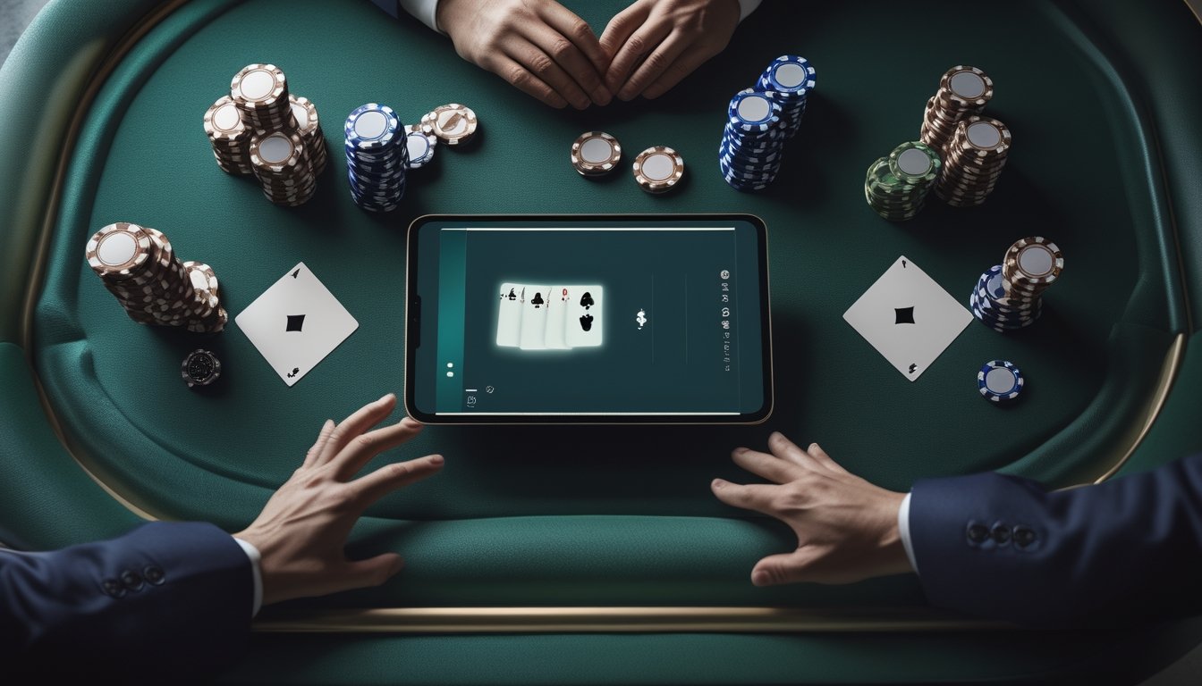 Tangan menyusun kartu poker dan keping taruhan di atas meja hijau di samping perangkat digital.