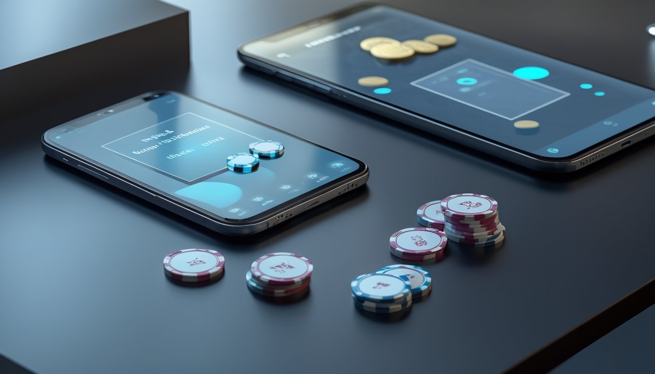 Ponsel menampilkan permainan poker digital di atas meja dengan kartu dan keping poker.
