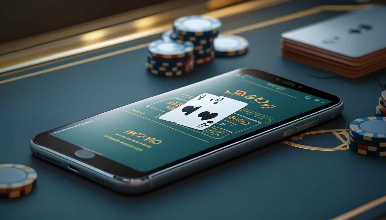 Ponsel menampilkan permainan poker tiga kartu di atas meja dengan kartu dan keping poker.