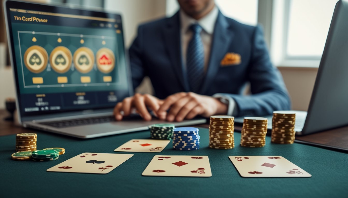 Meja poker dengan tiga kartu, keping taruhan, laptop, dan ponsel dalam suasana permainan online.