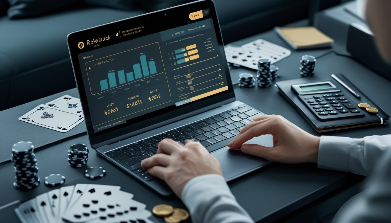 Meja kerja modern dengan laptop berisi grafik analisis, chip poker, kartu, kalkulator, dan buku catatan kosong.