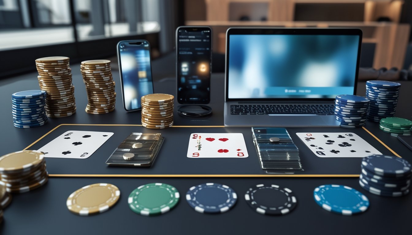 Kartu Three Card Poker, tumpukan chip, dan perangkat digital ditata berdampingan untuk menggambarkan perbandingan bonus.