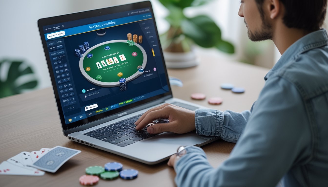Pemula bermain poker online melalui laptop di meja kerja dengan kartu dan chip poker.