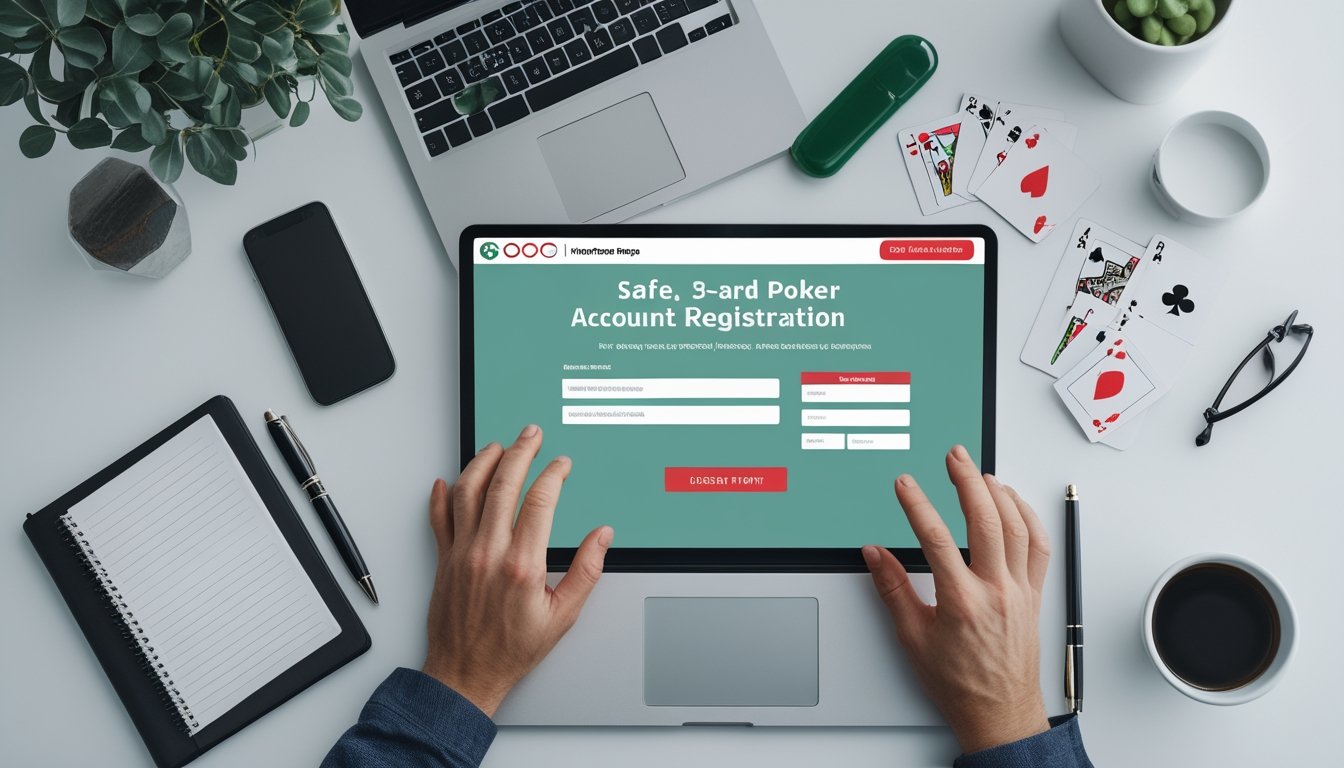 Tangan orang dewasa menggunakan laptop dengan formulir pendaftaran akun bertema poker dan beberapa kartu di meja kerja.