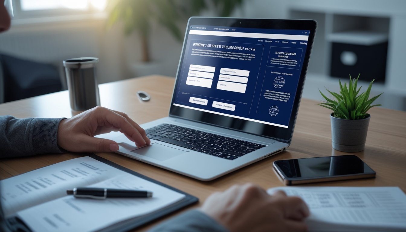 Orang dewasa memeriksa kredibilitas platform taruhan online melalui laptop dengan dokumen dan alat verifikasi di meja.