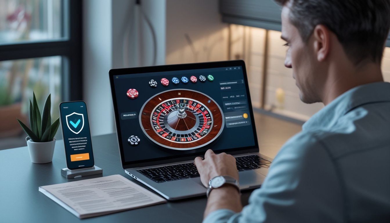 Seseorang membandingkan keamanan situs roulette online melalui laptop dan ponsel di meja kerja.