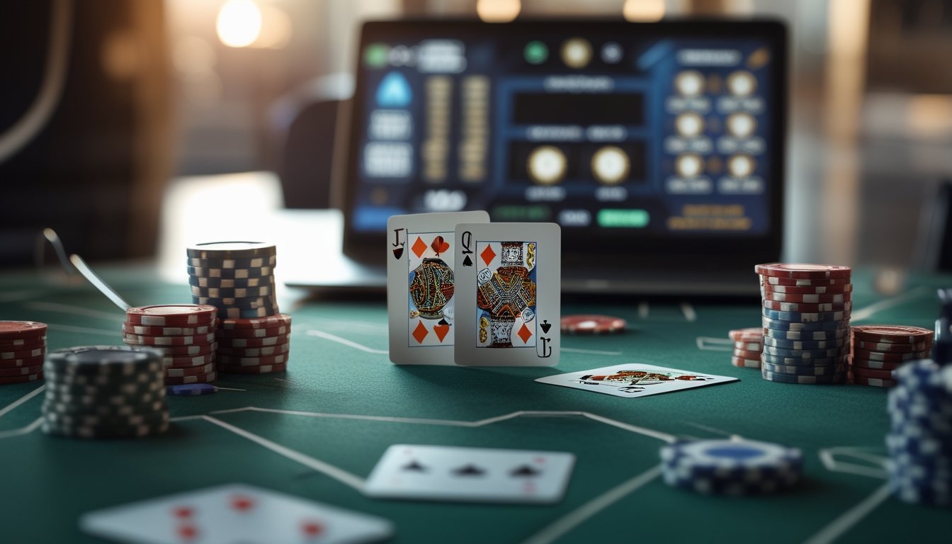 Meja poker dengan tiga kartu terbuka, tumpukan chip, dan perangkat digital di latar belakang.
