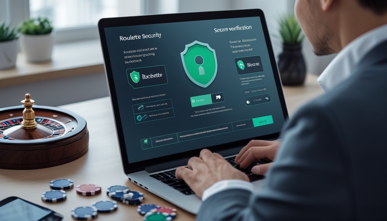 Seseorang memeriksa keamanan dan legalitas platform roulette online melalui laptop dengan simbol gembok dan perisai.