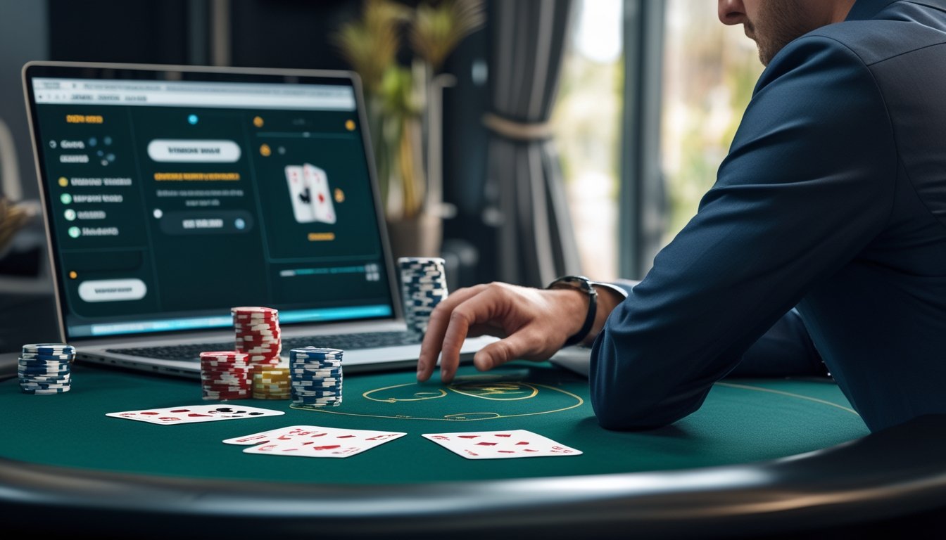 Pemain dewasa melihat meja Three Card Poker dengan kartu dan keping taruhan di depan layar komputer.