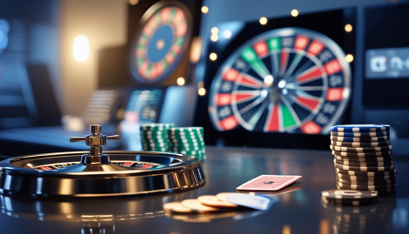 Meja roulette elegan dengan roda roulette, keping taruhan, dan laptop di lingkungan kasino modern.