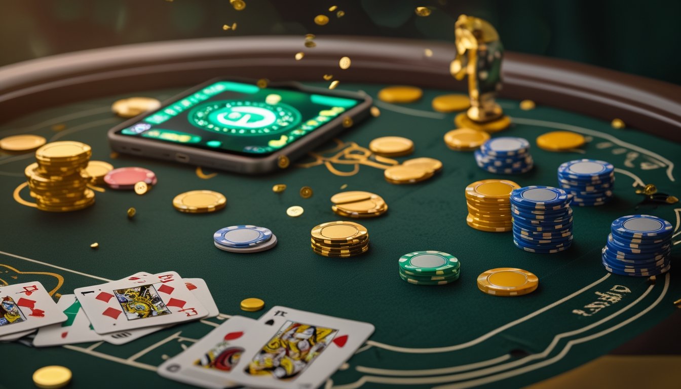 Meja Three Card Poker dengan kartu, keping kasino, ponsel, dan aksen koin emas.