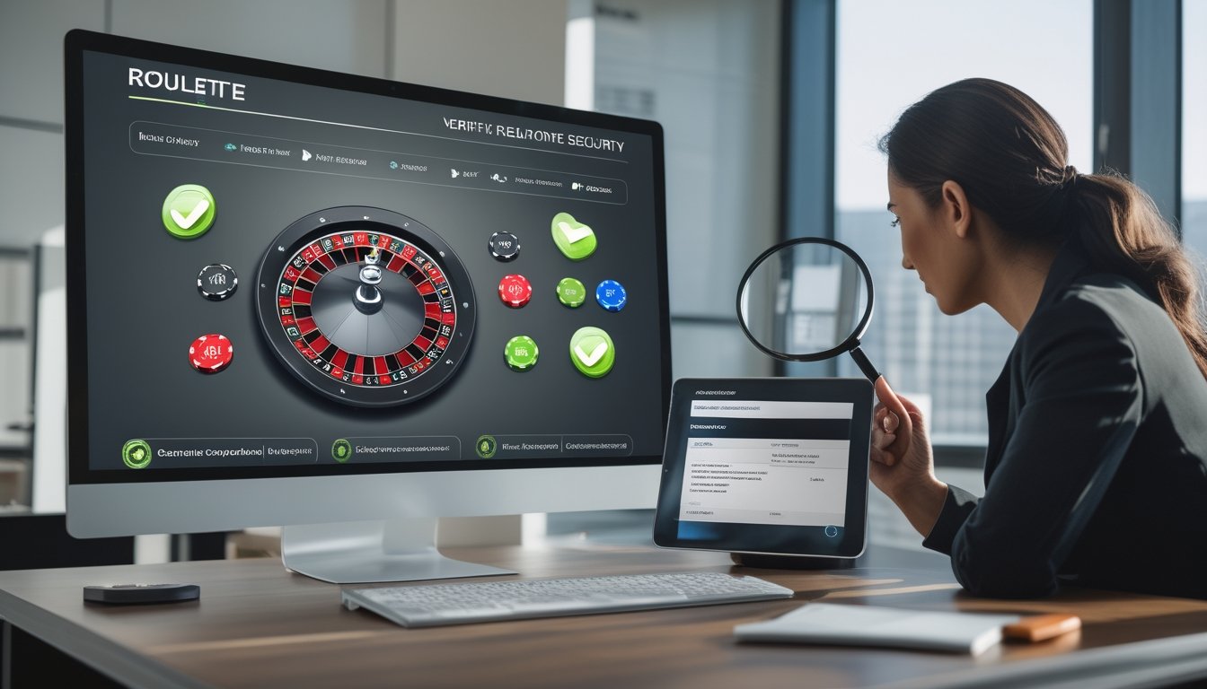 Seseorang memeriksa keamanan platform roulette online di depan komputer dengan simbol perisai dan tanda verifikasi.