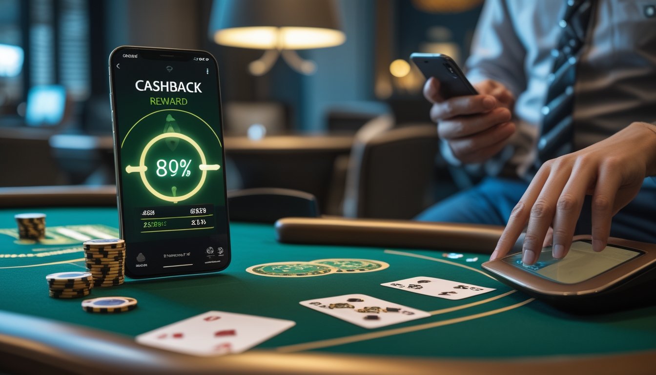 Pemain melihat simbol hadiah cashback di ponsel di samping meja Three Card Poker.