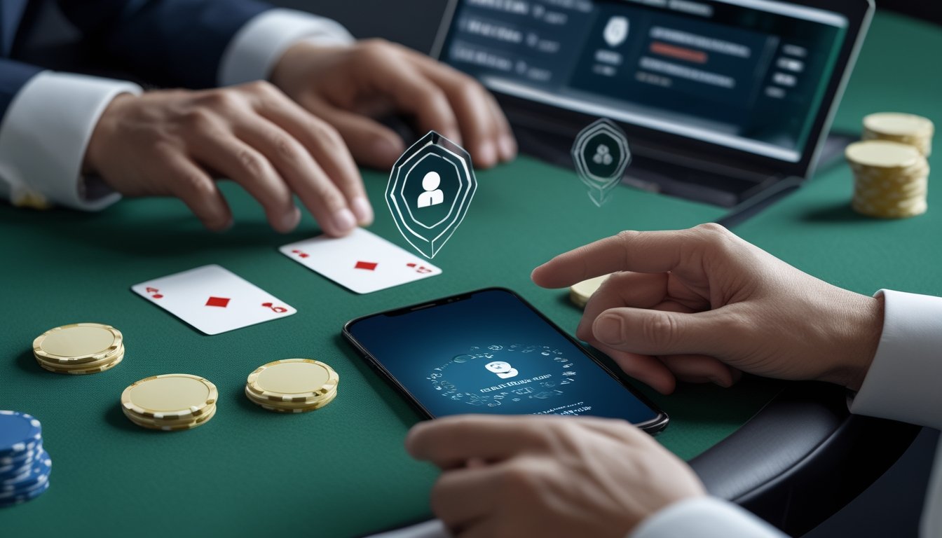 Seseorang meninjau permainan poker online resmi di samping meja poker dengan kartu dan keping taruhan.