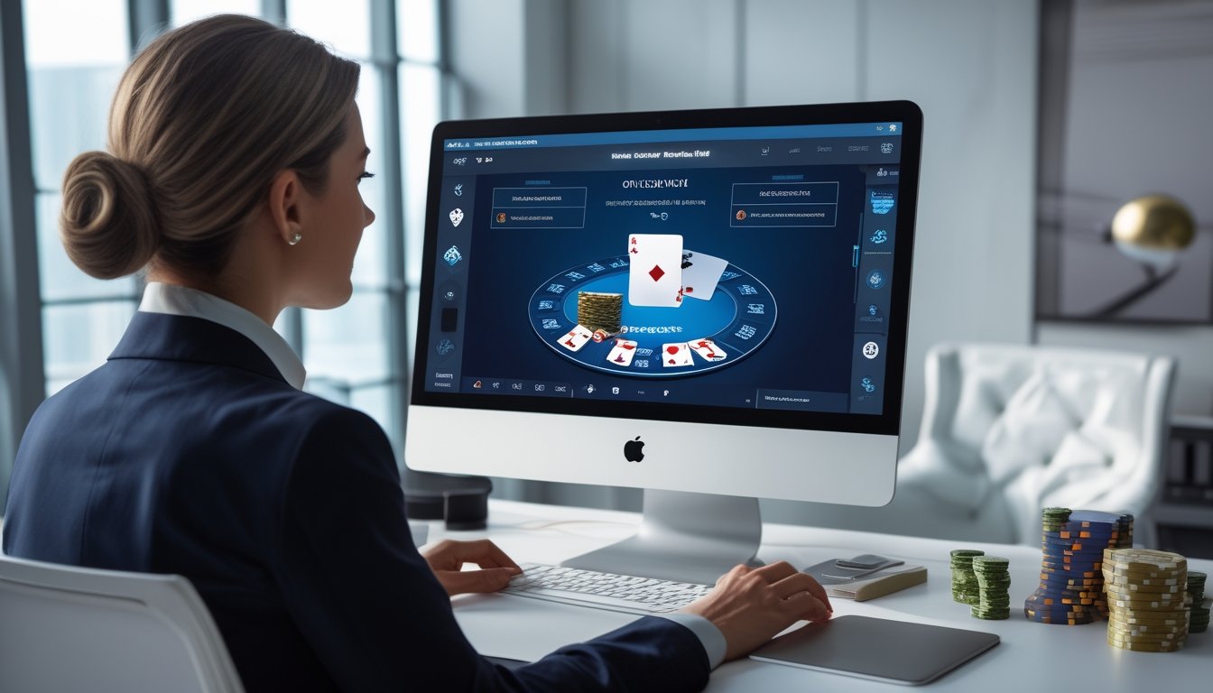 Seseorang melihat permainan Three Card Poker online di laptop dengan kartu dan keping poker di atas meja.