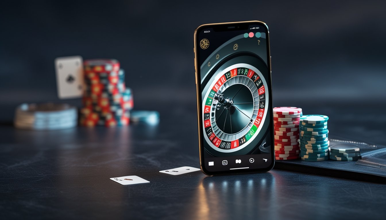 Ponsel pintar dengan roda roulette digital, keping taruhan, dan kartu di atas meja.