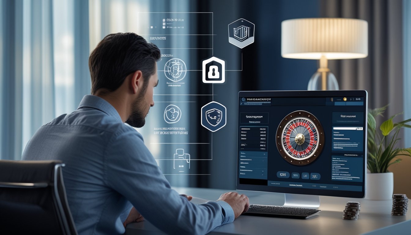 Seseorang menggunakan laptop dengan elemen keamanan digital, roda roulette, dan dokumen perlindungan pemain di atas meja.