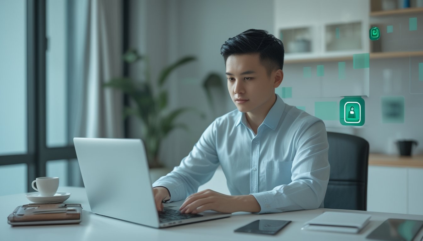 Seorang profesional memeriksa laptop dengan simbol keamanan dan verifikasi di meja kerja.