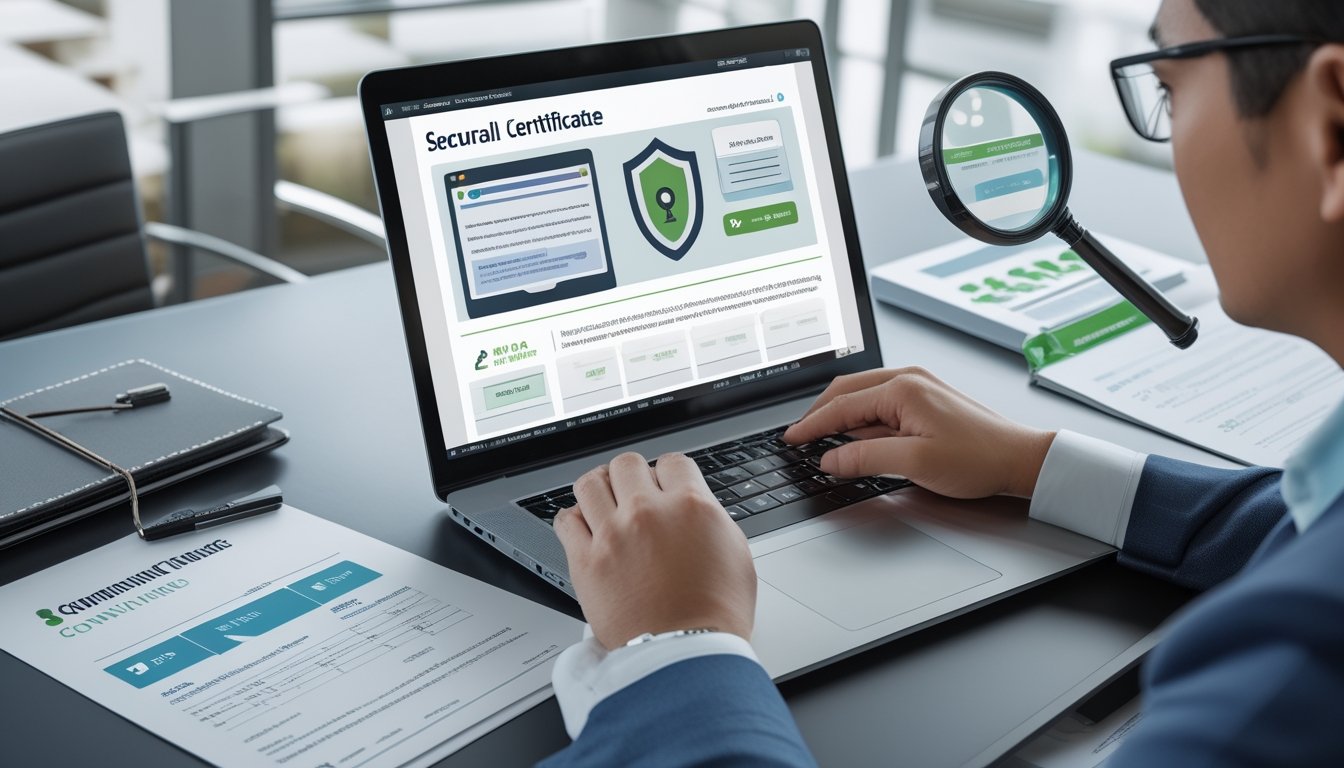 Seorang analis memeriksa dokumen legalitas dan keamanan situs daring di meja kerja modern.