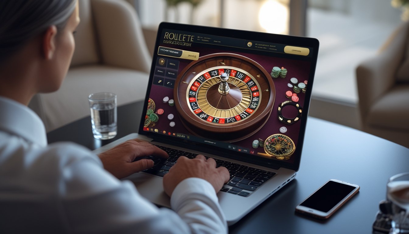 Seseorang menggunakan laptop untuk bermain roulette online di ruangan modern.