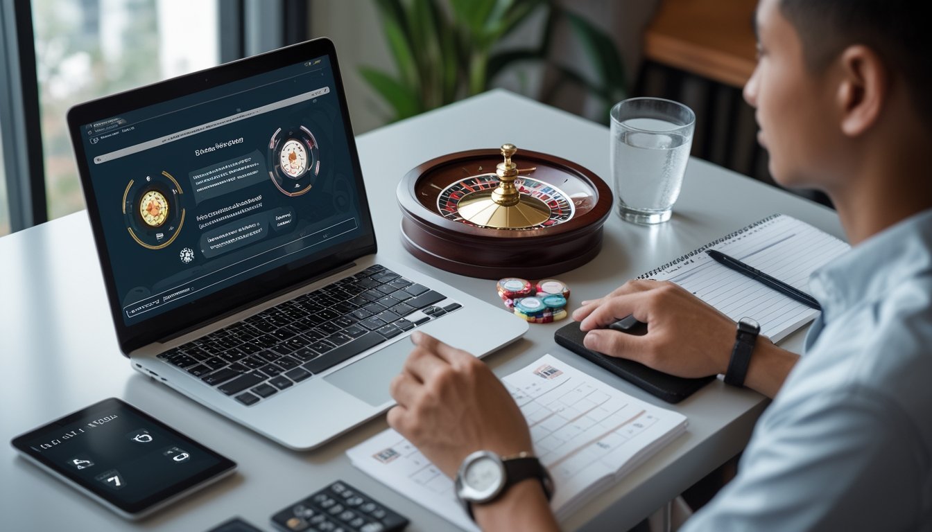Seseorang meninjau informasi dan anggaran di meja kerja dengan laptop, roda roulette, dan keping kasino.