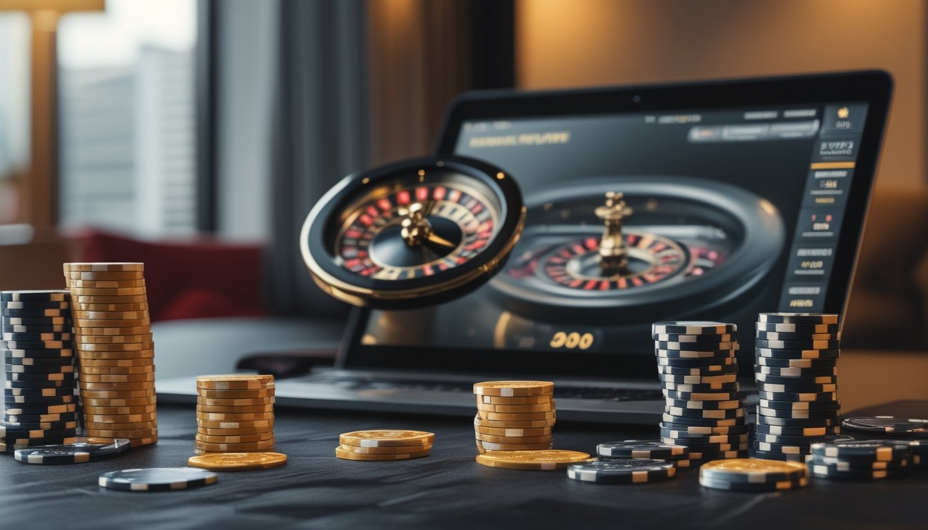Roda roulette elegan dengan keping taruhan di dalam suasana kasino modern.