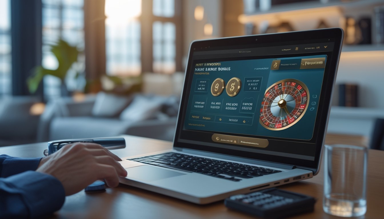 Seseorang menilai bonus anggota baru di depan laptop dengan roda roulette, keping kasino, kalkulator, dan kaca pembesar.