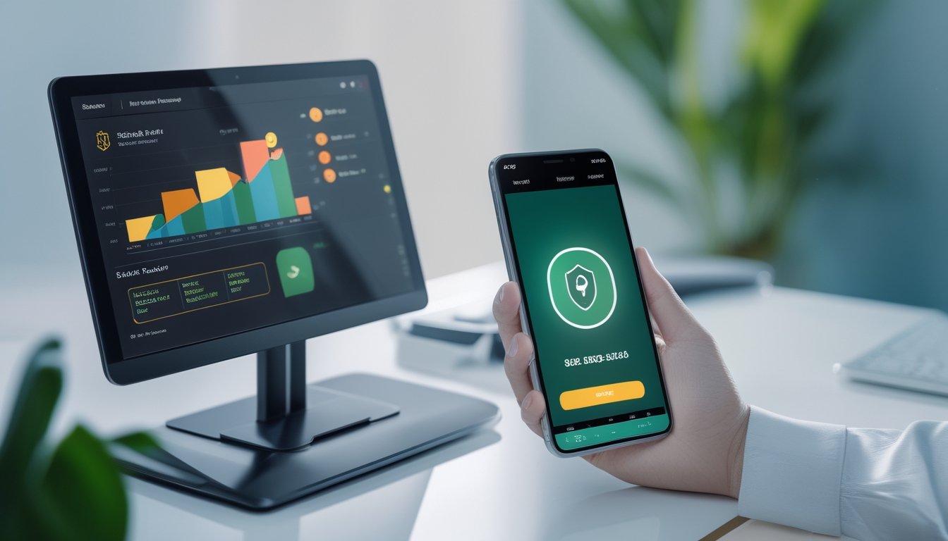 Dua ponsel menampilkan dasbor digital abstrak dan konfirmasi pembayaran aman di atas meja kerja modern.