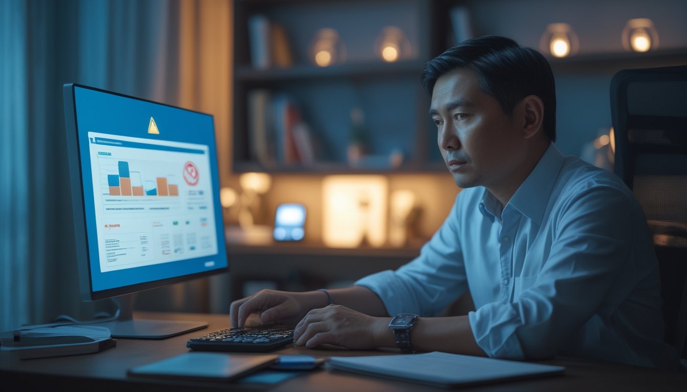Orang dewasa Indonesia menatap laptop dengan simbol peringatan dan perlengkapan catatan di meja.