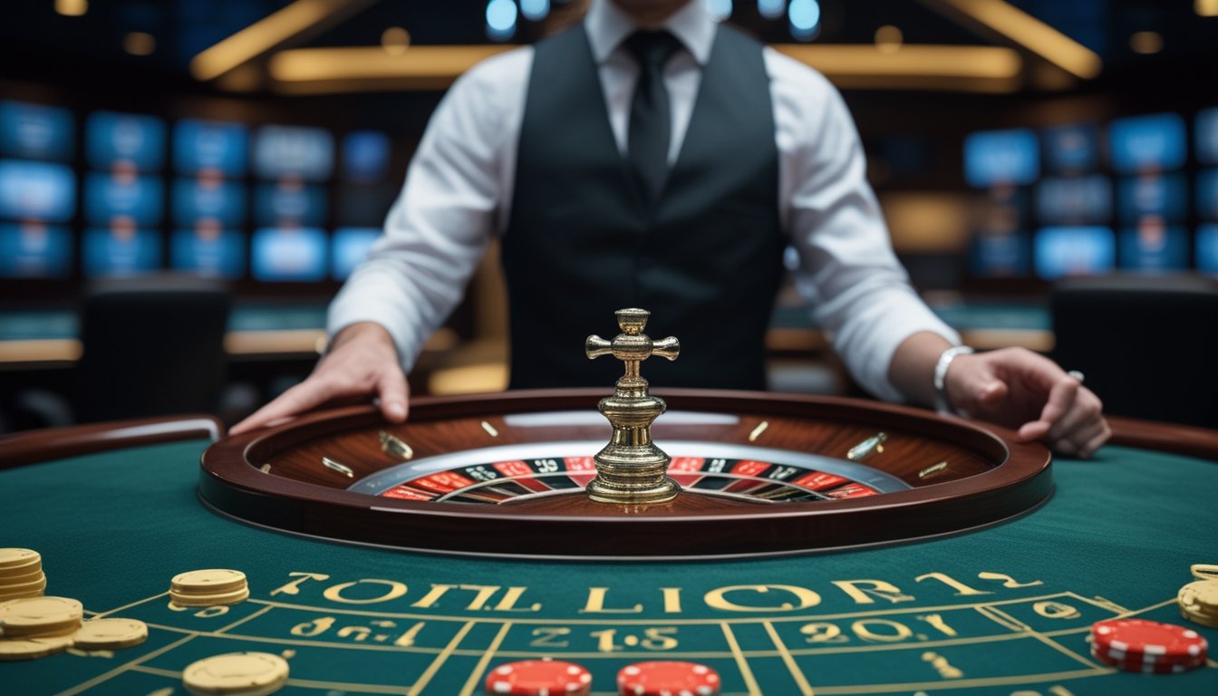 Croupier memutar roda roulette di meja kasino modern dengan chip merah dan putih.