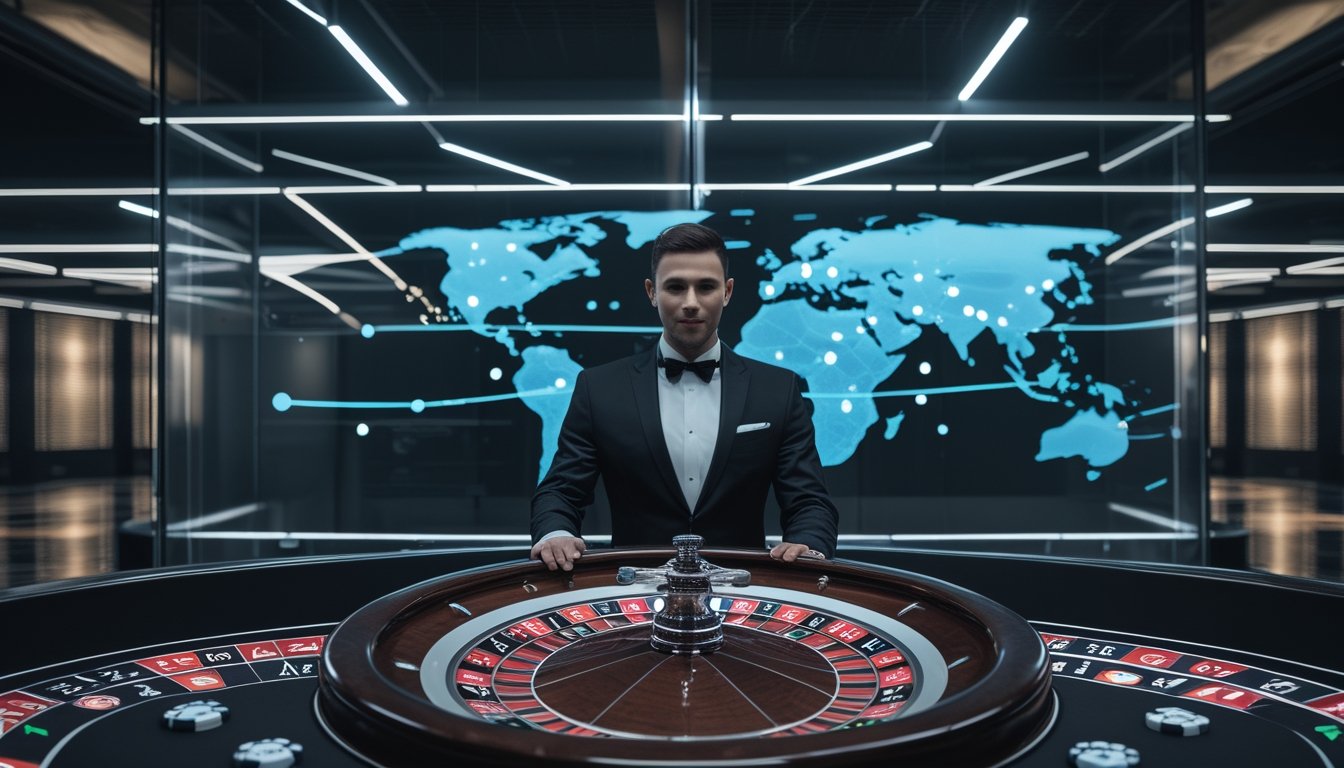 Dealer roulette berada di studio kasino modern dengan roda roulette, layar jaringan global, dan aliran data bercahaya.