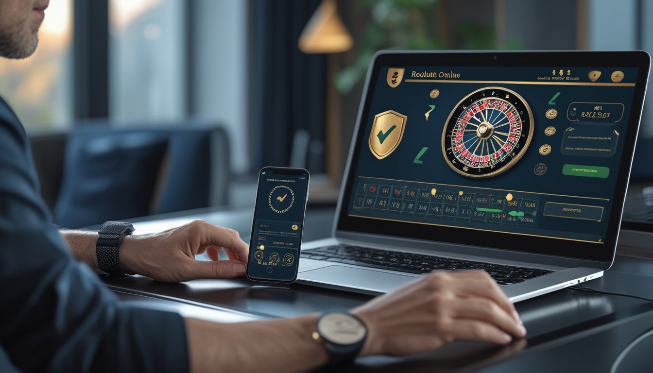 Orang dewasa menggunakan laptop dan ponsel untuk bermain roulette online dengan simbol keamanan di meja kerja modern.
