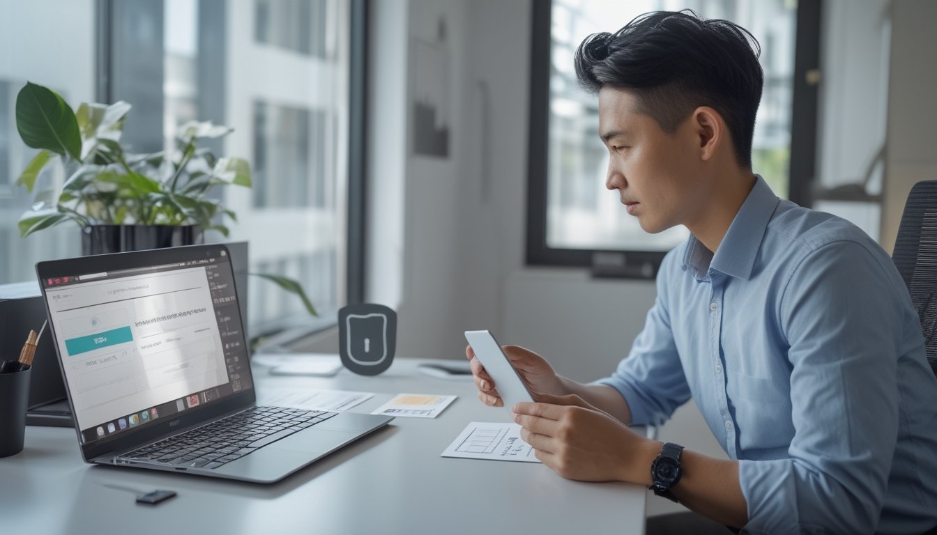Seorang profesional memeriksa persyaratan pendaftaran akun di meja kerja dengan laptop, ponsel, dan dokumen.