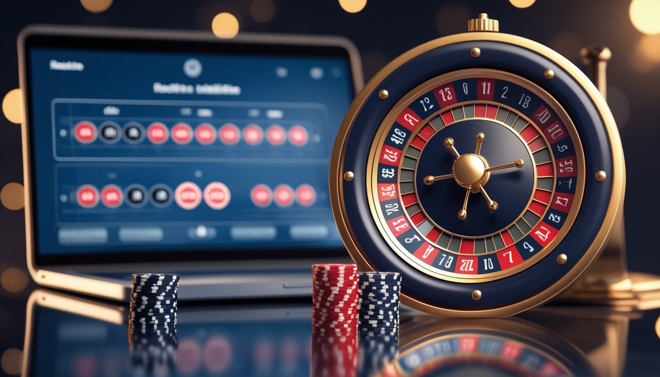 Roda roulette dengan keping taruhan di samping laptop dan ponsel.