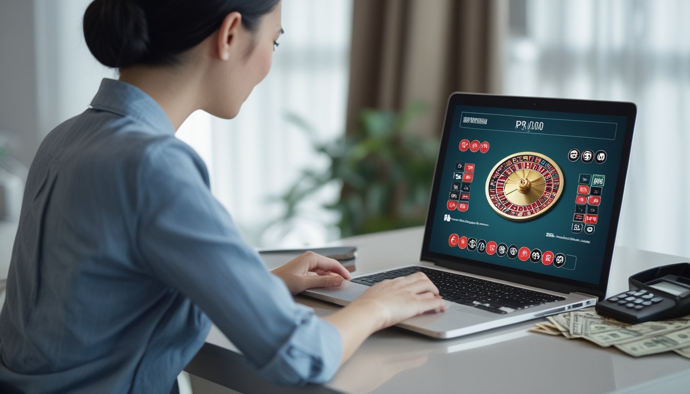 Pemain dewasa melihat laptop dengan tampilan roda roulette dan uang rupiah di meja.