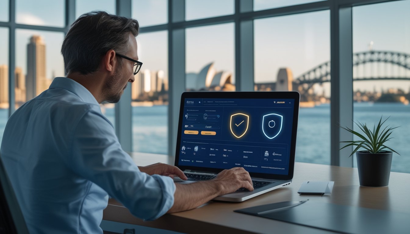 Seorang profesional meninjau platform taruhan digital yang aman di laptop dengan latar cakrawala kota Sydney.