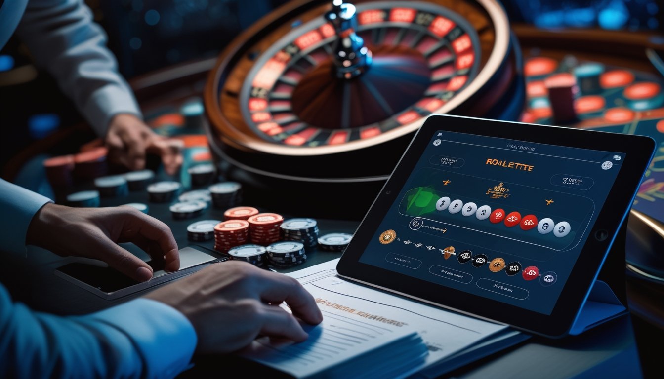 Roda roulette, keping taruhan, dan tablet berada di meja kasino dalam suasana malam.