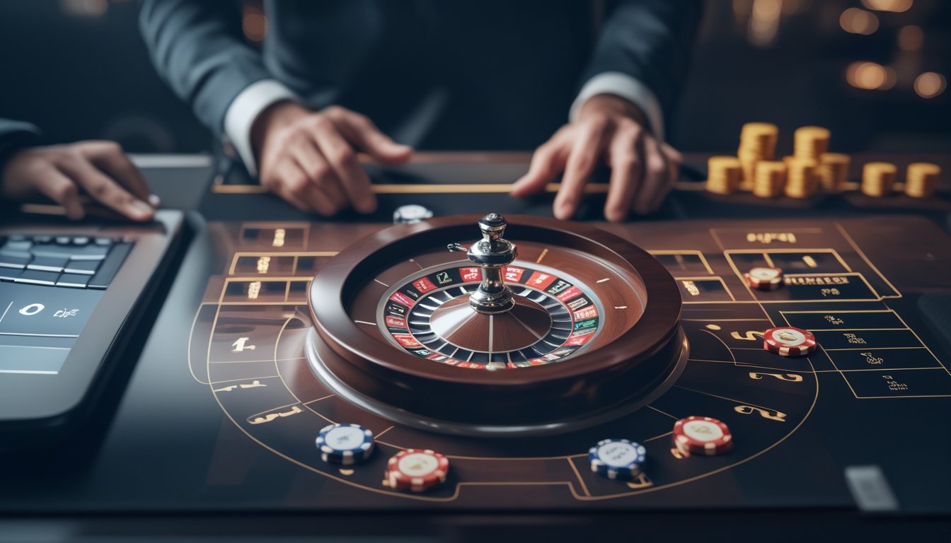 Meja roulette dengan roda merah hitam, bola putih, dan keping taruhan di samping perangkat digital.