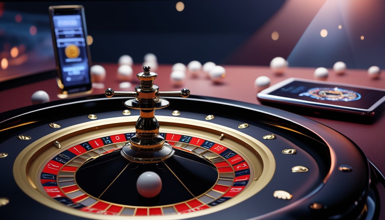 Roda roulette elegan di atas meja kasino dengan bola putih dan latar belakang digital yang samar.