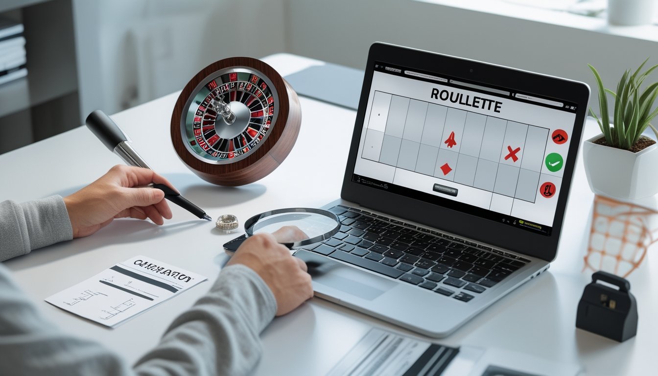Meja kerja modern dengan laptop, roda roulette, kaca pembesar, gembok, dan daftar pemeriksaan untuk menilai keamanan platform taruhan online.