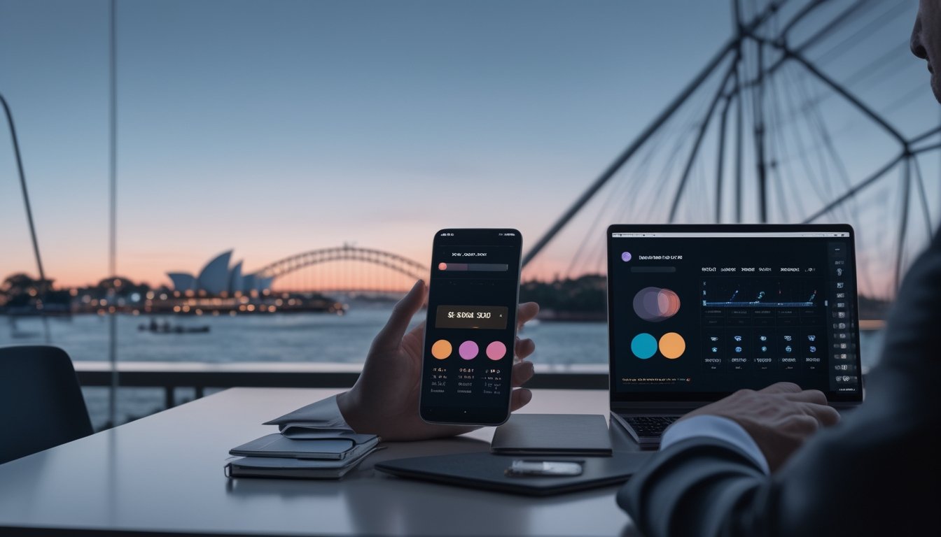 Tangan seseorang menggunakan ponsel dan laptop di meja modern dengan latar pemandangan kota Sydney.