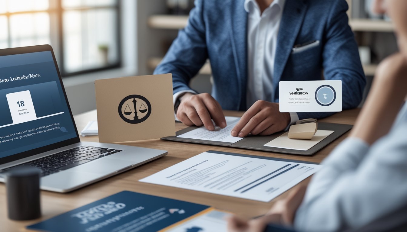 Seorang profesional dewasa meninjau dokumen legalitas dan verifikasi usia di meja kerja dengan laptop.