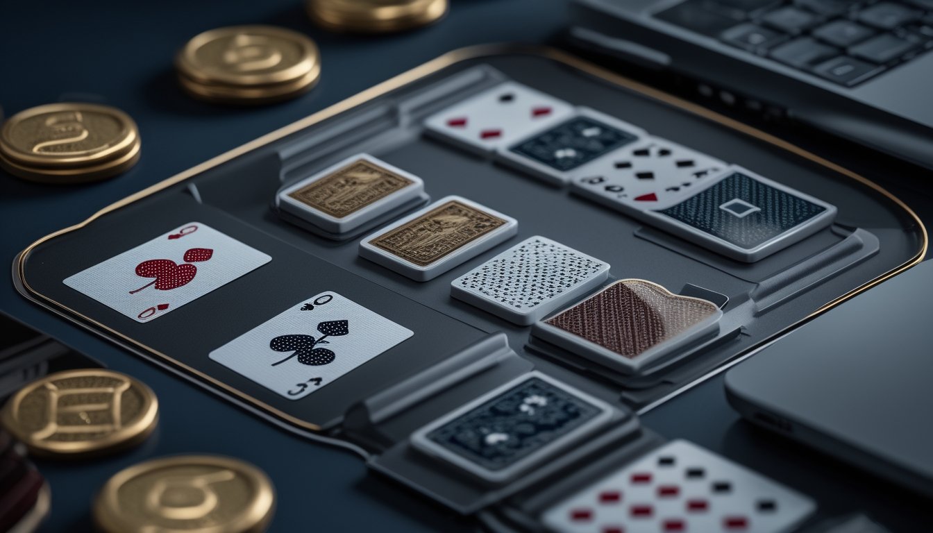 Kartu poker, keping domino, laptop, dan ponsel tersusun di atas meja permainan elegan.