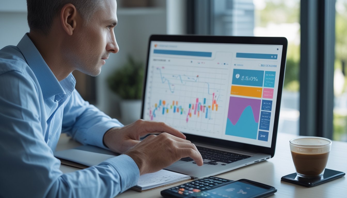 Seorang analis mempelajari grafik dan angka prediksi abstrak di laptop pada meja kerja.