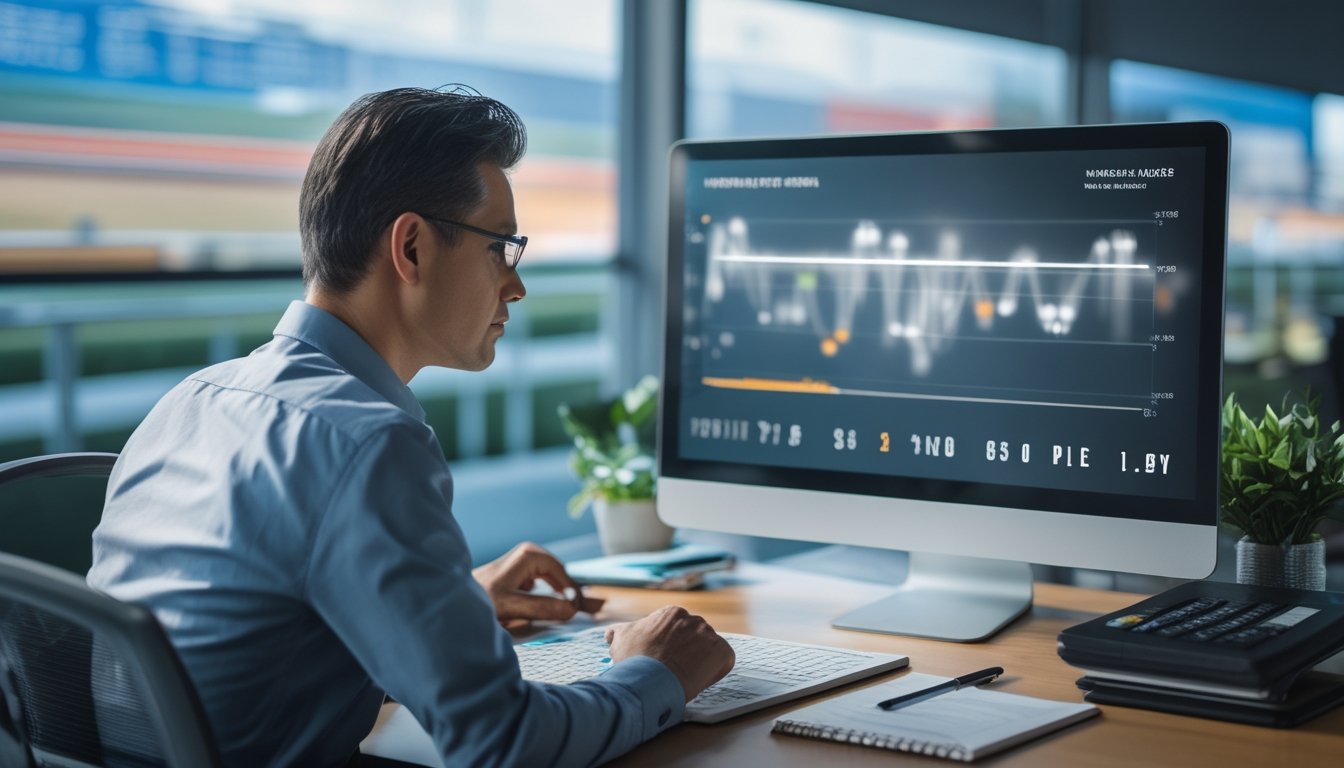 Seorang analis memeriksa grafik prediksi abstrak di meja kerja dengan monitor dan alat tulis.
