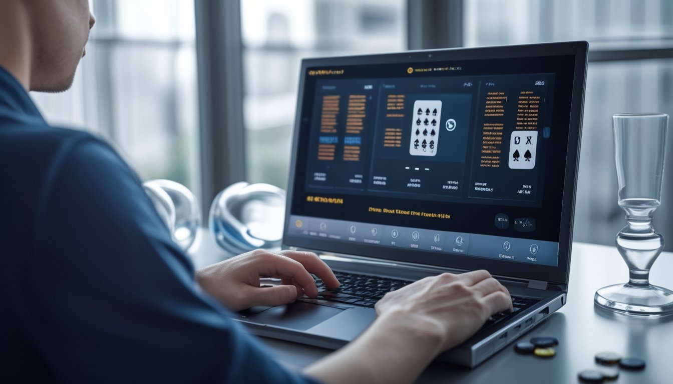 Orang dewasa bermain poker online di laptop dengan kartu dan keping poker di meja yang rapi.