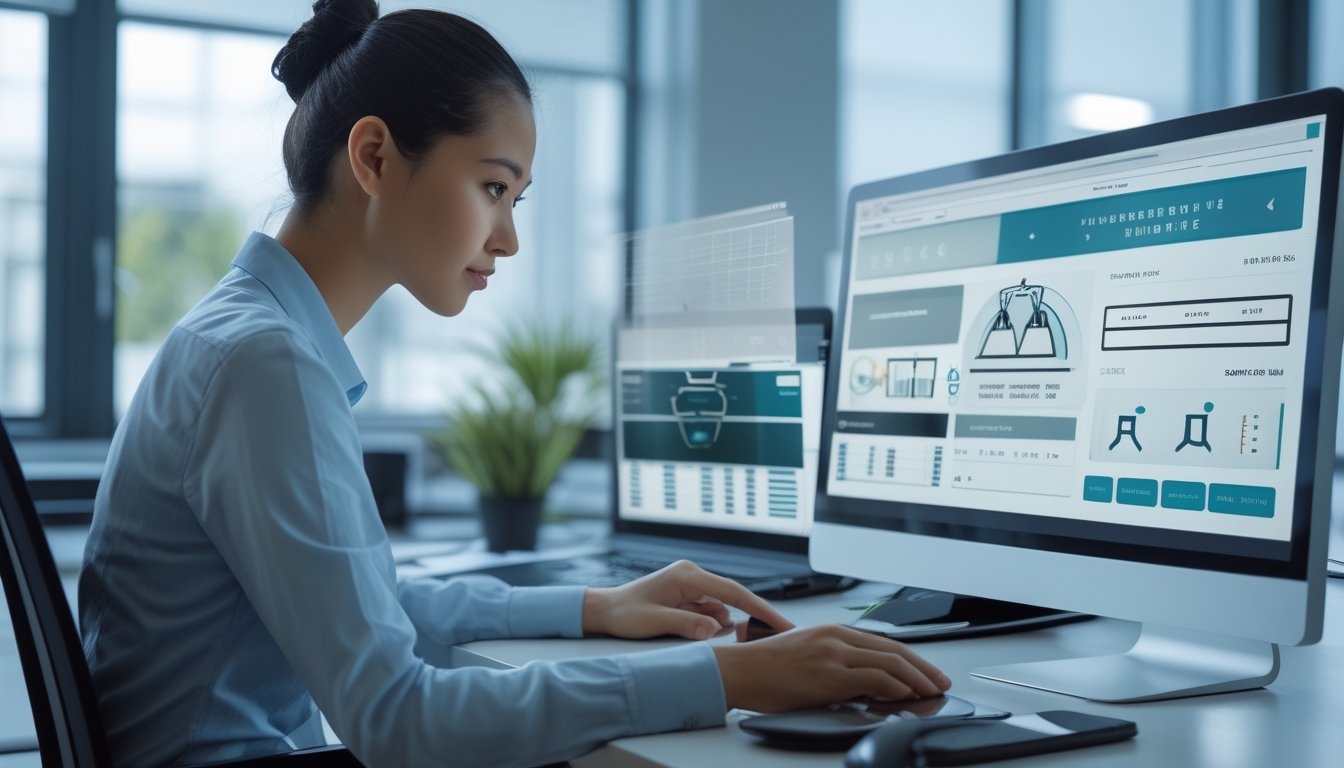 Seorang analis memeriksa keamanan dan legalitas platform digital di laptop dengan simbol perisai dan tanda centang.