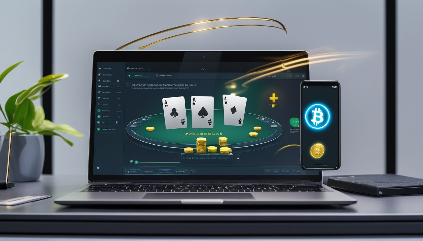 Laptop menampilkan permainan poker digital di samping ponsel dengan dompet digital dan simbol mata uang kripto.