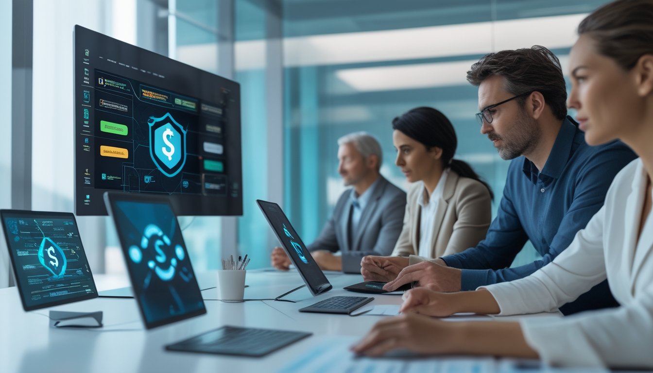 Tim profesional memeriksa keamanan dan verifikasi platform pembayaran digital di kantor modern.
