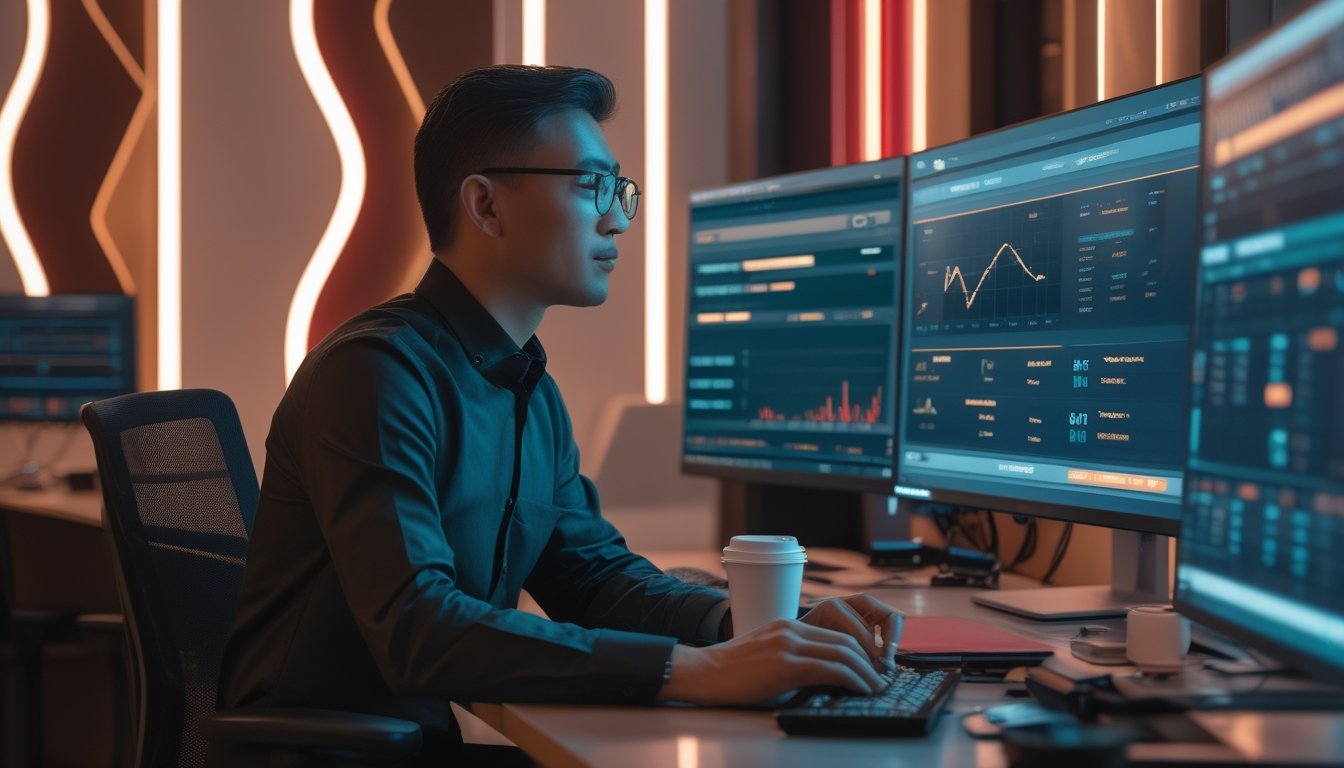 Seorang analis dewasa meninjau data dan indikator risiko permainan di ruang kerja modern.